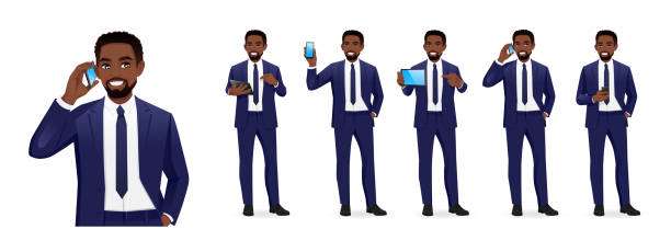 Hombre de negocios africano con teléfono - ilustración de arte vectorial