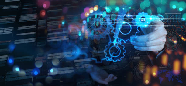 istock businessman hand touch blue 3d Ai innovation connect gear to Smart logistics concept. Communication network. Digital transformation. 1481008031