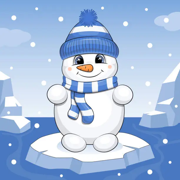 Vector illustration of A cute cartoon snowman in a hat and scarf is swimming on the ice.