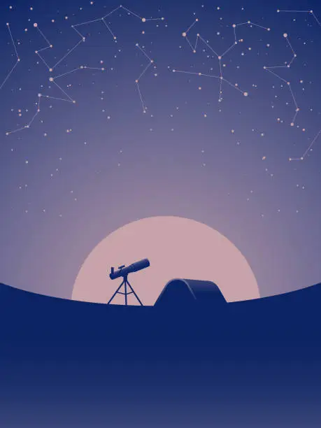 Vector illustration of Observatory camping with telescope and tent on the background of moon and starry sky. Astronomical observations.