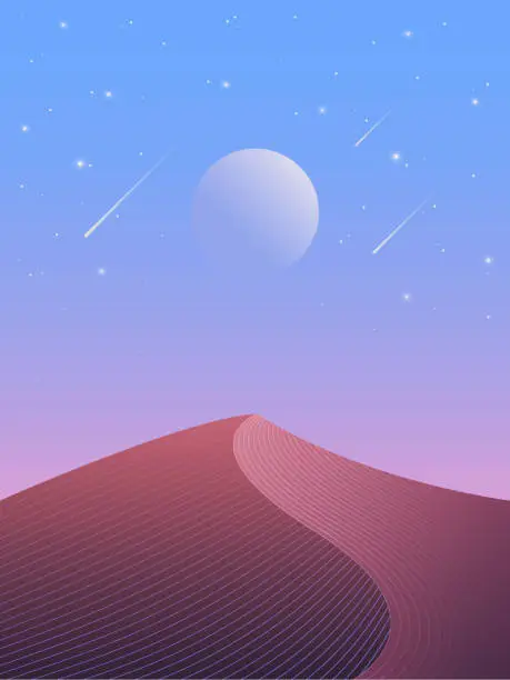 Vector illustration of Illustration of night desert with sand dune, full moon and starry sky view.