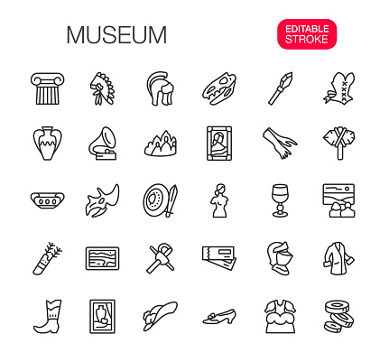 Museum line icons set. Editable stroke. Vector illustration.