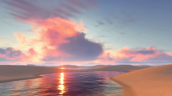 Dramatic sunset sky with vivid colorful clouds over unique white sand dunes and water lagoons in Lencois Maranhenses National Park in Brazil. With no people 3D illustration from my 3D rendering.