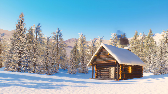 Cozy secluded snowbound log wooden cabin with smoking chimney among snow covered fir tree forest high in alpine mountains at winter day. With no people 3D illustration from my 3D rendering.