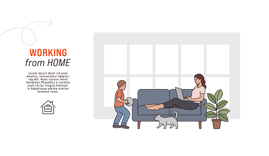 Illustration of a young woman relaxing on a sofa and working from home while her kid is playing with a house pet. Young mother using laptop. Working from home concept.