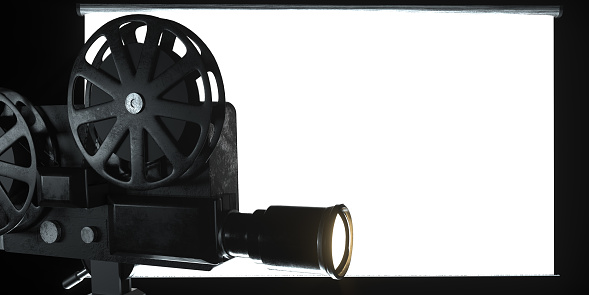 Classic film projector. Creative film industry template.  3D render.