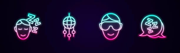 istock Set line Dreams, catcher with feathers, Eye sleep mask and Sleepy. Glowing neon icon. Vector 1481014636