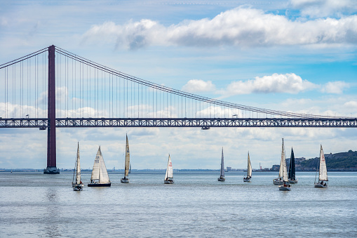 Lisbon, Portugal - March 26, 2023: Sailing rehearsal on Tagus River