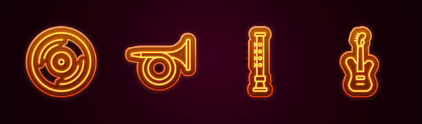 istock Set line Vinyl disk, Trumpet, Flute and Electric bass guitar. Glowing neon icon. Vector 1481014719