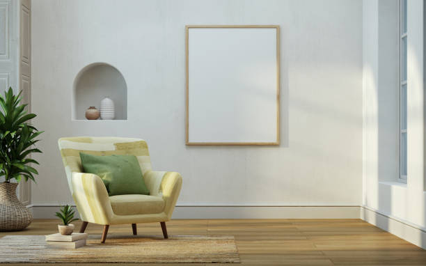 istock Blank picture frame mockup interior with armchair.3d rendering 1481014722