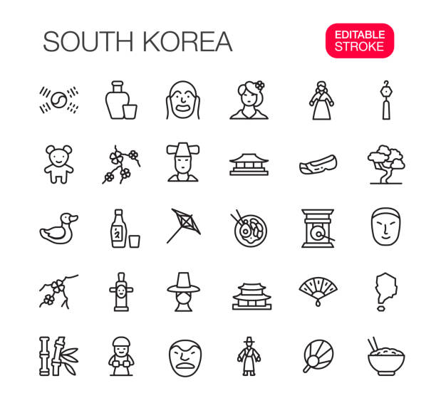 illustrazioni stock, clip art, cartoni animati e icone di tendenza di corea del sud cultura asiatica linea sottile icona set tratto modificabile - pino domestico