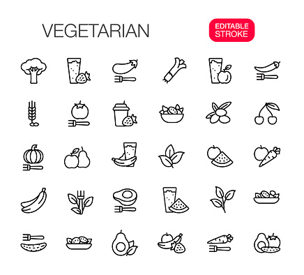 Vegetarian thin line icons set. Editable Stroke. Vector illustration.