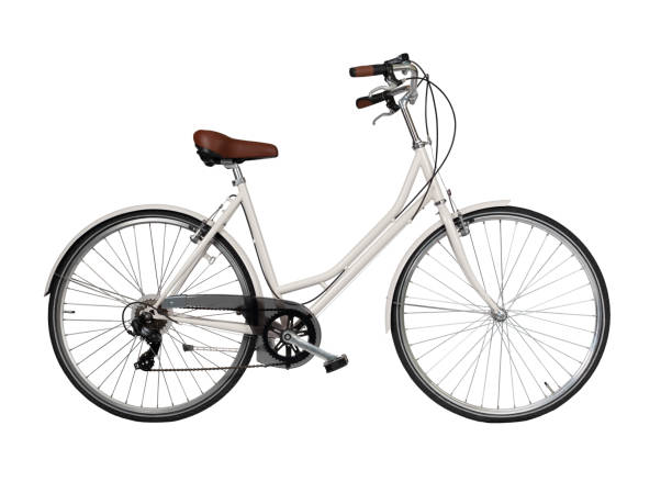 istock White retro bicycle with brown saddle and handles, generic bike side view 1481017149