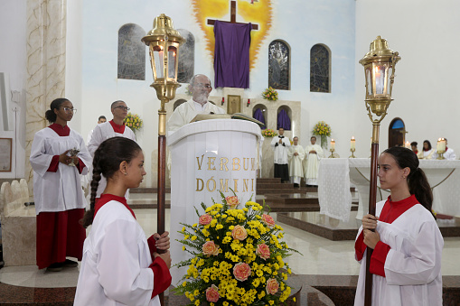 serrinha, bahia, brazil - april 6, 2023: Mass marks the beginning of the fireworks procession in the city of Serinha.