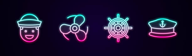 istock Set line Sailor, Boat propeller, Ship steering wheel and Captain hat. Glowing neon icon. Vector 1481019809