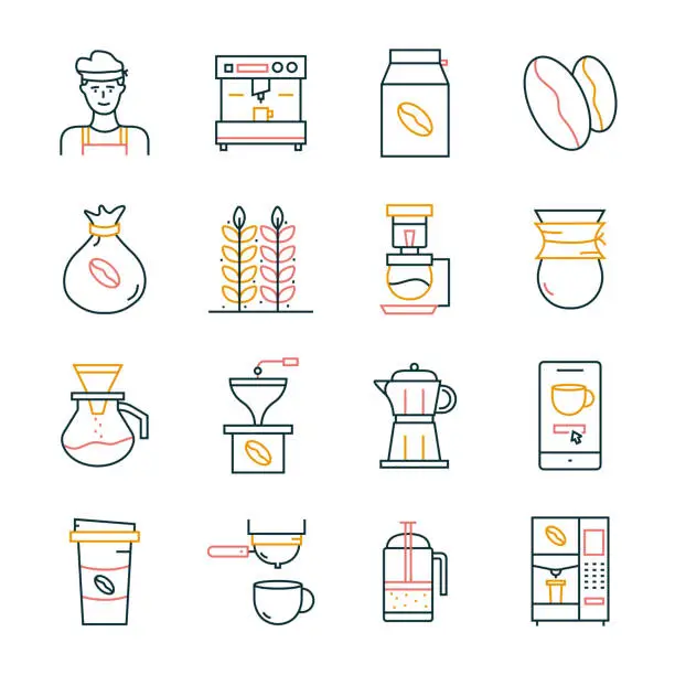 Vector illustration of Coffee Shop  Line Icons Editable Stroke. Coffee Tree , Coffee Bean , Latte , Moka Pot , Coffeemaker , French Press