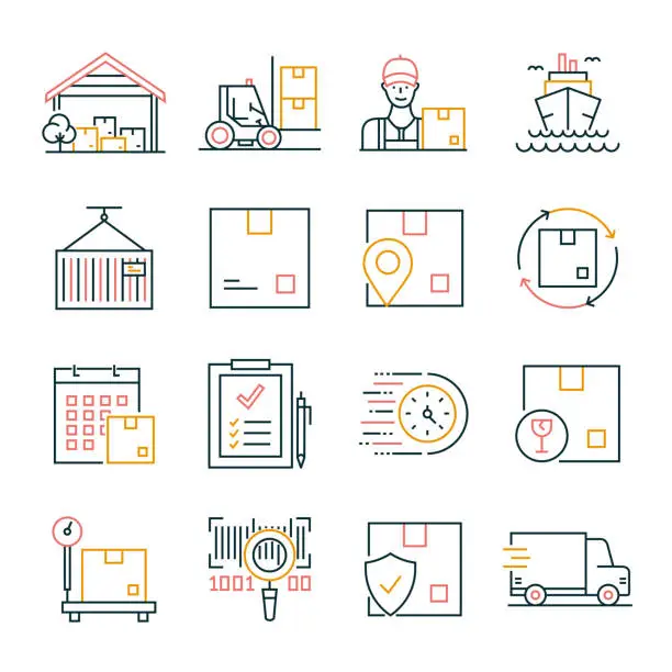 Vector illustration of Delivery Line Icons Editable Stroke.  Package , Insurance , Box - Container , Shipping , Return , Truck