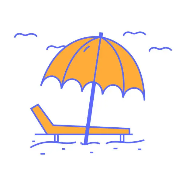 Vector illustration of Summer vacation vector illustration. Beach with umbrella and sun loungers. Colorful view.