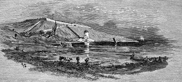 Fort Henry in Kingston, Ontario, Canada. Vintage etching circa 19th century.