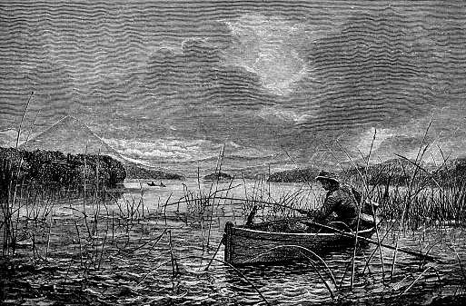 Man fishing at Lake Memphrémagog in Quebec, Canada. Vintage etching circa 19th century.