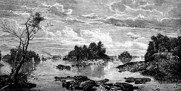 The Thousand Islands in the St. Lawrence River at Ontario, Canada. Vintage etching circa 19th century.
