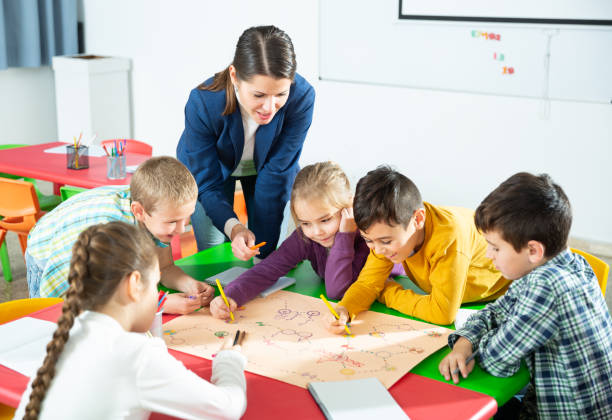 istock Kids with teacher playing educational tabletop game 1481022956