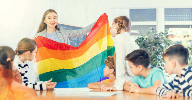 istock Female teacher explaining lgbt theme to children during lesson in class 1481023043