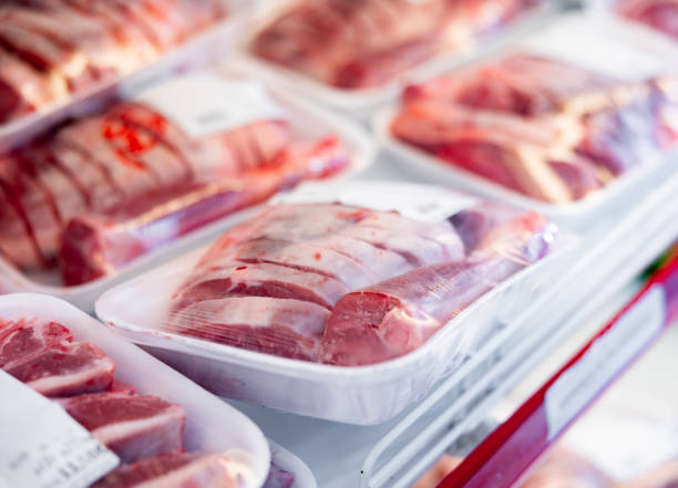 istock Fresh raw lamb packed in plastic trays in butcher shop 1481023261
