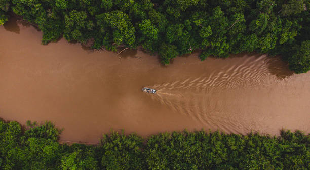 pantanal mit der drohne, die größte savanne der welt - großer fluss - mato grosso do sul, boot im fluss und große berge. - amazonia stock-fotos und bilder