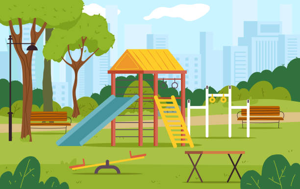 illustrazioni stock, clip art, cartoni animati e icone di tendenza di parco giochi per il concetto di gioco dei bambini per bambini. illustrazione grafica vettoriale - sliding sands