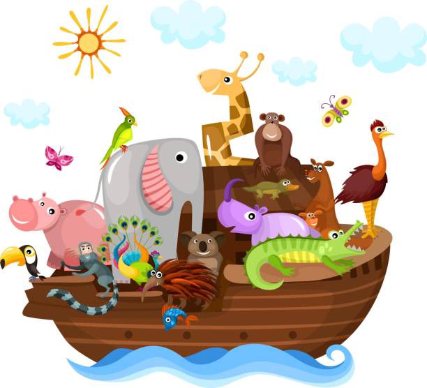 illustrazioni stock, clip art, cartoni animati e icone di tendenza di arca di noè - ark cartoon noah animal