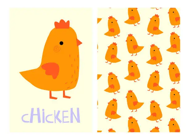 Vector illustration of A set of illustrations with a cute chicken, a card with an inscription and a pattern.