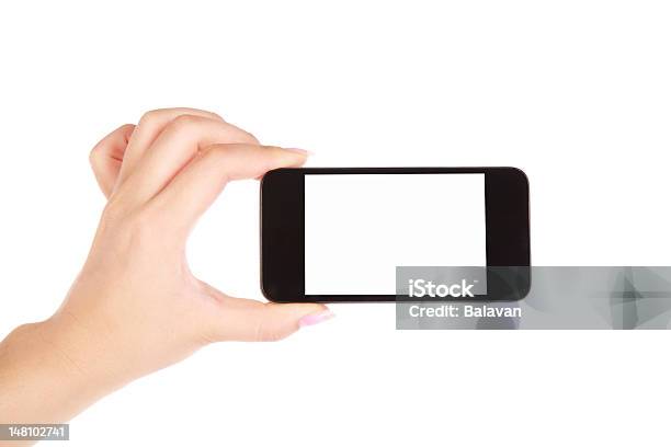 Hand Holding Blank Screen Smart Phone On White Background Stock Photo - Download Image Now