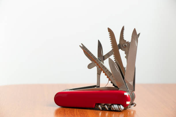 Multifunctional knife on a wooden table and white background