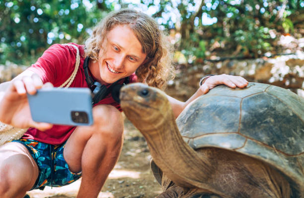 istock Smiling tourist boy making a selfie using cell phone with Aldabra giant tortoise endemic species - one of the largest tortoises in the world in the zoo nature park on Mauritius island. 1481029108