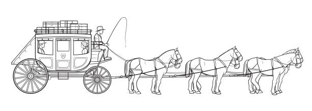 Stagecoach wagon with six horses - vector stock illustration. Simplified picture of classic horse pulled vehicle. Outlined contour in black colour isolated on white background. bus livery stock illustrations