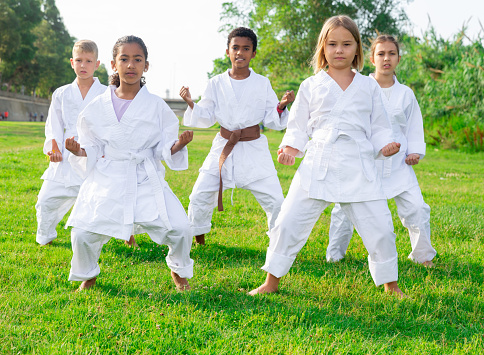Multinational group of schoolchildren, boys and girls, practicing karate at the park outdoors