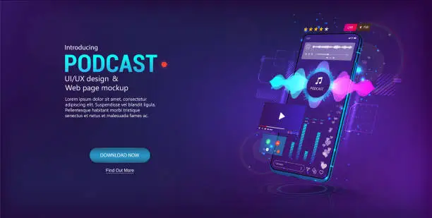 Vector illustration of Podcast on Mobile Phone. 3D smartphone with broadcast