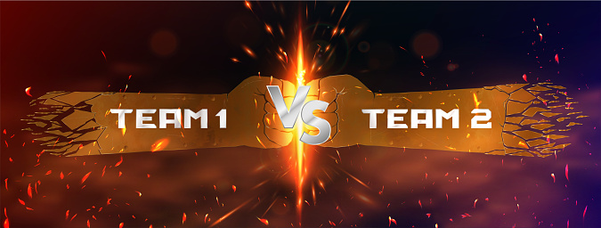 Hot Versus battle banner. Team 1 vs Team 2 confrontation background with heat, sparks, glow, smoke and 3D VS metal fists for inscriptions. Versus battle concept - fight, cyber sport, mma, game. Vector