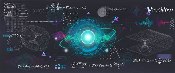 Science elements set concept Quantum Mechanics Science elements set concept Quantum Mechanics, formula, curvature of spacetime in a gravitational field, black hole, elements from theoretical physics. Futuristic Quantum Mechanics. Vector collection quantum stock illustrations