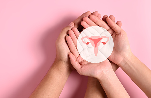 People holding virtual uterus icon reproductive system, Woman health care service, Healthy lifestyle, Disease of female organs, Human anatomy, Health care and hospital service, Healthy female reproductive system