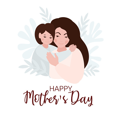 Mother's Day greeting card with young woman and her small daughter. Festive vector illustration.