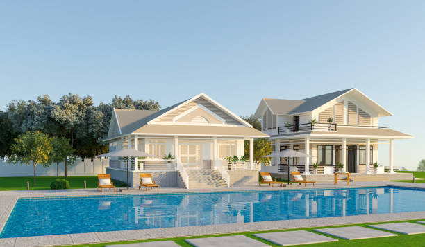 villaggio turistico con piscina privata, giardino moderno e ville - swimming pool luxury mansion holiday villa foto e immagini stock