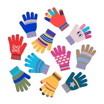 A set of bright, cute children's gloves on a white background. Cute colorful woolen or knitted gloves for cold frosty weather