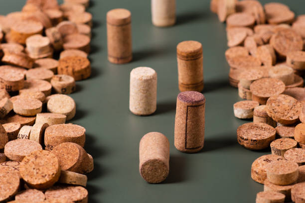 Recycling symbol and wine cork for secondary use. Preservation of the ecology of the planet. Raw materials for reuse. Environmental Protection.
