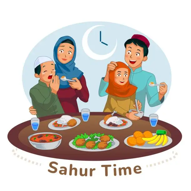 Vector illustration of A muslim family eat some meals at dawn for suhoor