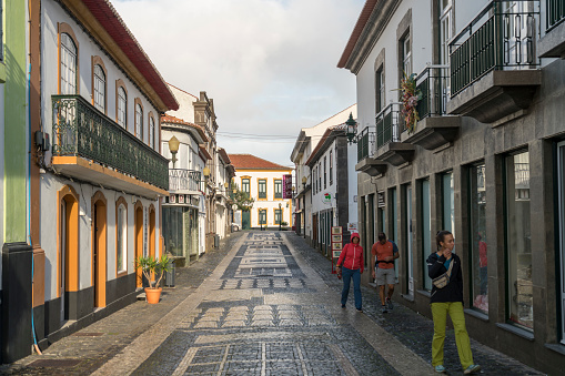 Cobble stone street, no people, picturesque town on island Terceira, Azores