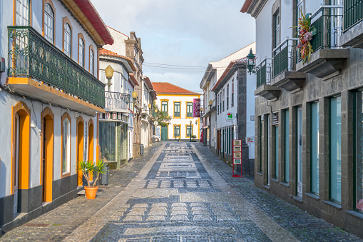 Cobble stone street, no people, picturesque town on island Terceira, Azores