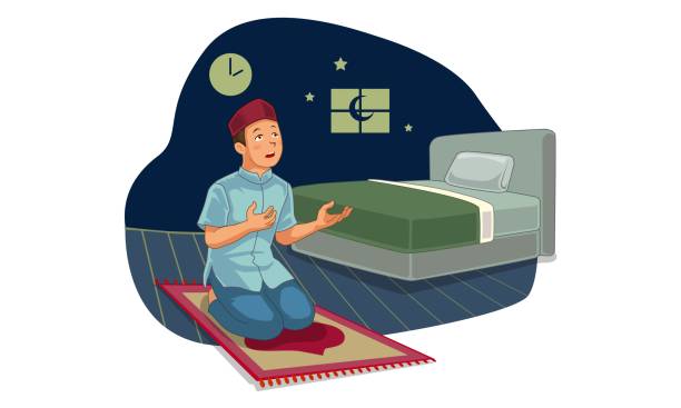 A muslim male prays Tahajjud at midnight in his bedroom Suitable to use as Social Media Content, Greeting Cards, UI, Landing Page, Mobile Apps, Cover Illustration, Poster and Website. Vector Illustration allah the god islam cartoons stock illustrations