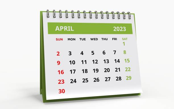 istock Standing Desk Calendar April 2023. 1481054256
